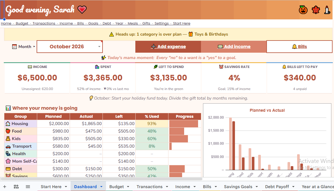 Bloom Budget: The All-in-One Monthly Money, Bills & Meal Planner for Busy Moms (Google Sheets)